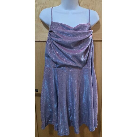 Shimmering Purple Glitter Spaghetti Strap Romper With Draped Front & Adjustable - Picture 2 of 10